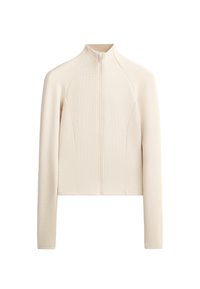 Light beige zip-up jacket with ribbed texture, fitted design, high neckline, and long sleeves. Seam details enhance the structured look.