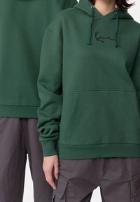 Grön hoodie med känguruficka, justerbar dragkedja på huvan och svart broderad logotyp på bröstet. Mjukt tyg med ribbade muddar.