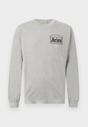 Světle šedá mikina s dlouhým rukávem s černým logem „Aries“ a architektonickým motivem na levé straně hrudi, s žebrovanými manžetami a kulatým výstřihem.