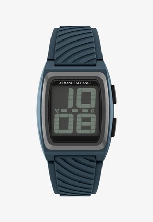 Montre-bracelet numérique Armani Exchange avec bracelet en silicone bleu texturé et cadran rectangulaire noir affichant l'heure 10:08 avec deux boutons latéraux.