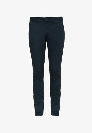 Ciemnoniebieskie chinosy wykonane z bawełny. Slim fit o gładkiej fakturze. Posiadają zamek błyskawiczny i zapięcie na guzik. Brak widocznych kieszeni.