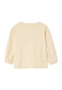 Beige Langarmshirt mit Rundhalsausschnitt, Puffärmeln und elastischen Bündchen. Weiche, glatte Textur mit einem schlichten, ungeschmückten Design.