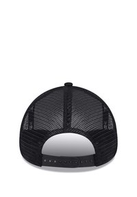 Black snapback cap with mesh back, round crown, and adjustable plastic strap. Features a smooth texture and minimalistic design.