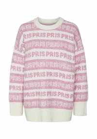 Pull à rayures blanches et rose clair avec un motif répétitif de texte "PRIS", col rond, manches longues, et poignets et ourlet côtelés.