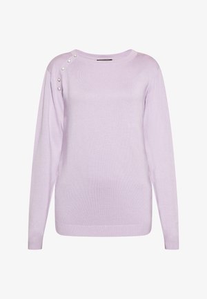 Gaiši purpursarkans garām piedurknēm džemperis mīkstā audumā, ar noapaļotu dekoltē un dekoratīvām pogām kreisajā plecā.