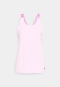 Różowy sportowy top na ramiączkach z okrągłym dekoltem i szerokimi ramiączkami. Na ramiączkach ciemnoróżowe akcenty z logo. Gładka faktura.