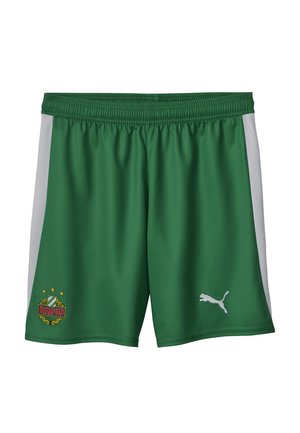 Grønne atletiske shorts med hvide sidelapper, der har Rapid Wien-holdlogoet til venstre og hvid Puma-logo til højre.