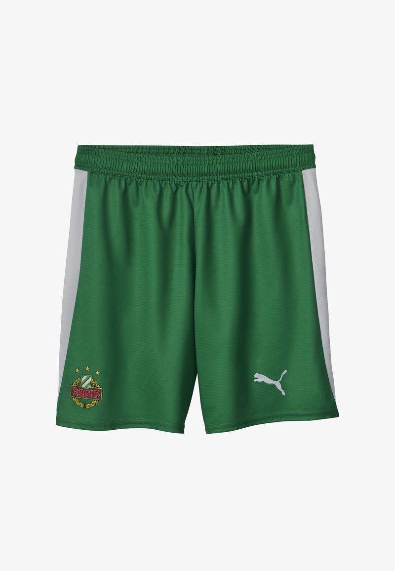 Grønne atletiske shorts med hvide sidelapper, der har Rapid Wien-holdlogoet til venstre og hvid Puma-logo til højre.