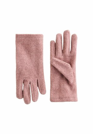 Roze wollen handschoenen met een zachte textuur, voorzien van vijf vingersecties en een omgeslagen ontwerp voor extra warmte.