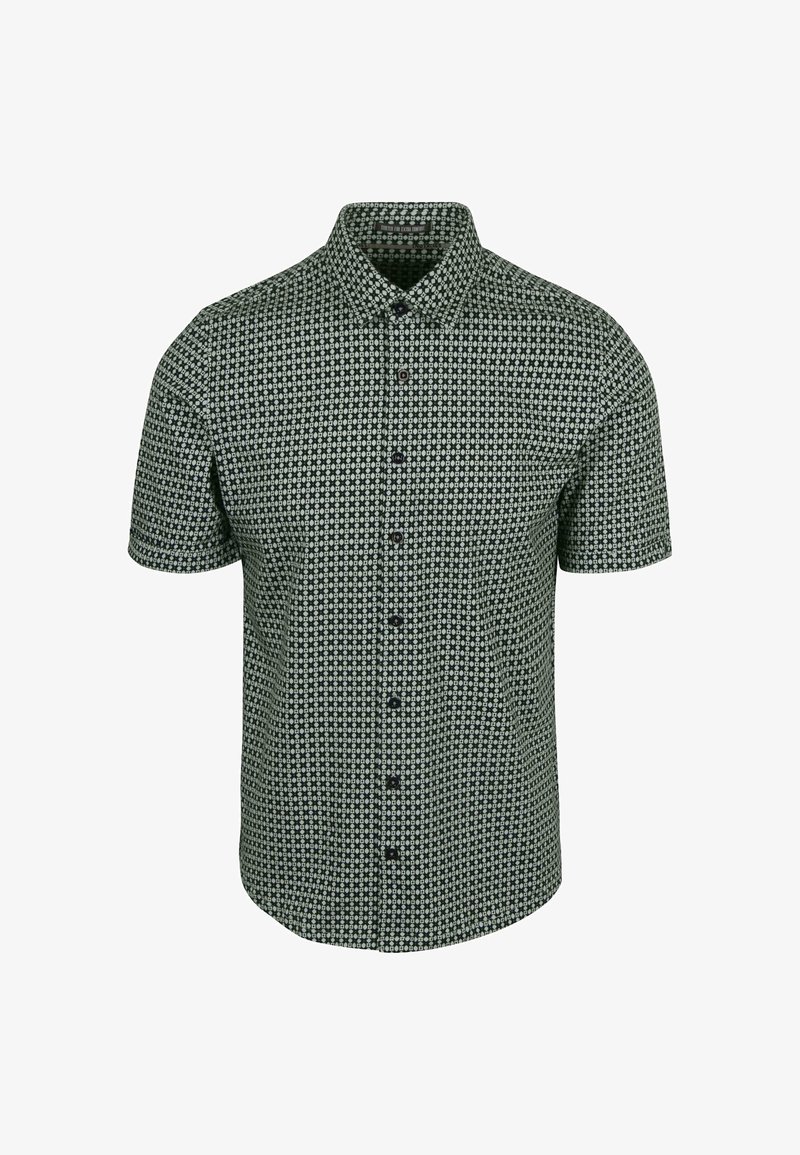 Korte mouwen overhemd met knopen in donkergroen met een geometrisch wit patroon, voorzien van een kraag en een rij zwarte knopen aan de voorkant.