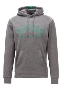 Sweat à capuche gris en mélange de coton. Il comprend une poche kangourou, un logo "BOSS" vert brodé, une capuche à cordon de serrage et des poignets côtelés.