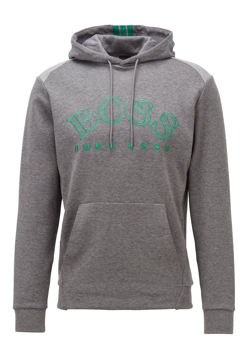 Sweat à capuche gris en mélange de coton. Il comprend une poche kangourou, un logo "BOSS" vert brodé, une capuche à cordon de serrage et des poignets côtelés.