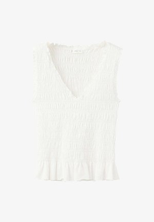 Weißes ärmelloses Top mit V-Ausschnitt, geraffter Textur und kleinem Rüschensaum am unteren Saum.