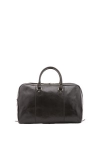 Sac de sport en cuir noir avec deux poignées supérieures, fermeture zippée et couture discrète. Texture lisse avec une forme rectangulaire.