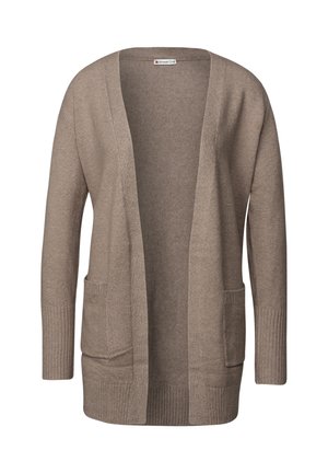 Langärmlige Strickjacke in Hellbraun, aus strukturiertem Strickstoff gefertigt. Mit offenem Vorderteil, zwei Fronttaschen sowie gerippten Bündchen und Saum.