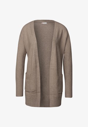 Langärmlige Strickjacke in Hellbraun, aus strukturiertem Strickstoff gefertigt. Mit offenem Vorderteil, zwei Fronttaschen sowie gerippten Bündchen und Saum.