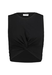 Top corto sin mangas negro hecho de suave algodón, con un detalle de nudo torcido en la parte frontal y un clásico escote redondo.