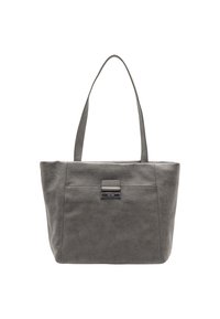 Gray faux leather tote bag with two shoulder straps, a front pocket, and a rectangular metal clasp detail. Smooth texture, minimalist design.