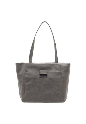 Sac fourre-tout en faux cuir gris avec deux poignées, une poche avant et un détail de fermoir en métal rectangulaire. Texture lisse, design minimaliste.