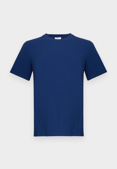 Temno modra kratka majica z dolgimi rokavi, izdelana iz bombaža. Ima krogec na vratu in ravno krojenje, z gladko teksturo in brez vidnih vzorcev.