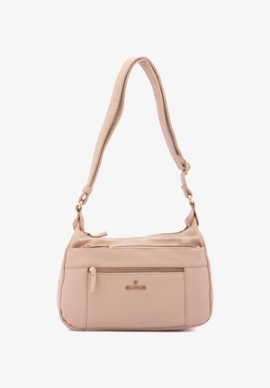 Beige lederen schoudertas met verstelbare schouderband, één hoofdcompartiment, voorvak met rits en gouden hardware. Gladde textuur.