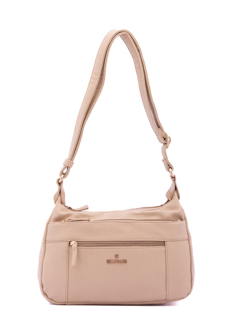 Borsa a tracolla in pelle beige con tracolla regolabile, scomparto principale singolo, tasca frontale con zip e dettagli in metallo dorato. Tattura liscia.