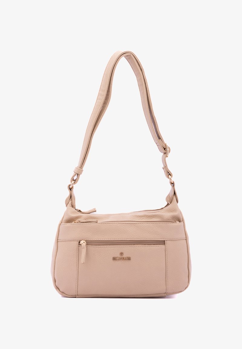 Beige lederen schoudertas met verstelbare schouderband, één hoofdcompartiment, voorvak met rits en gouden hardware. Gladde textuur.