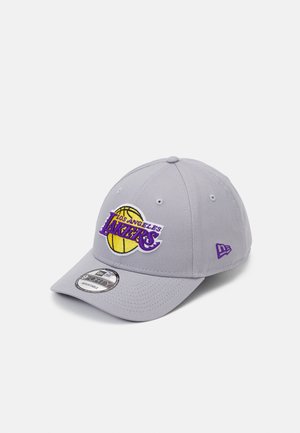 Gray baseball cap with an embroidered yellow and purple "Lakers" logo and basketball design on the front. Features a curved visor and adjustable strap.