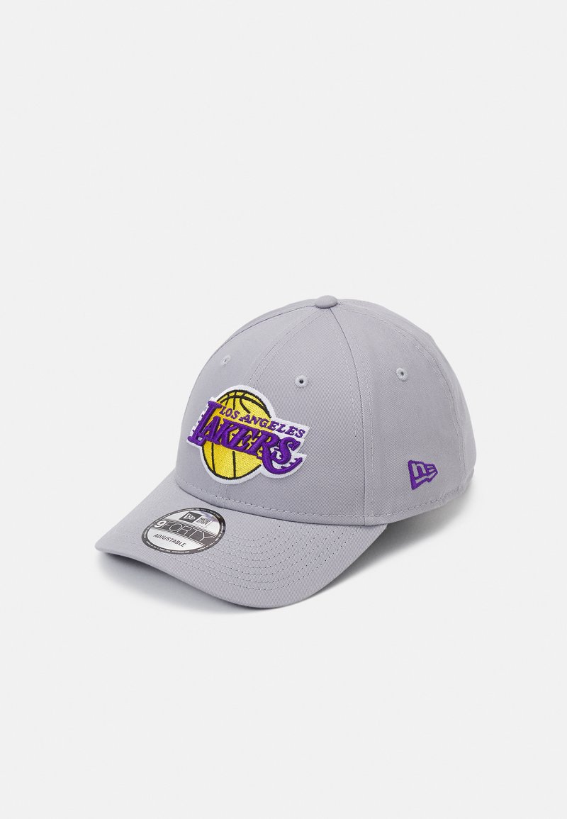 Gray baseball cap with an embroidered yellow and purple "Lakers" logo and basketball design on the front. Features a curved visor and adjustable strap.