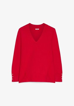 Maglione lungo a maniche lunghe con scollo a V di colore rosso, con colletto a coste e tre piccoli bottoni dorati su ogni polsino, esposto piatto su uno sfondo bianco.