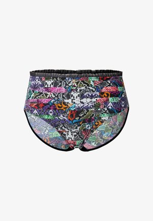 Hochgeschnittene Bikinihose mit mehrfarbigem Schlangenprint-Muster, aus dehnbarem Stoff gefertigt, mit einem gerafften schwarzen Bund und kontrastierenden Kanten.