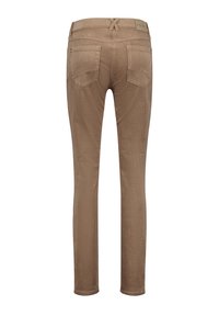 Jeans skinny en velours côtelé marron avec cinq poches, passants de ceinture et une texture lisse, arborant une étiquette logo au niveau de la taille arrière.