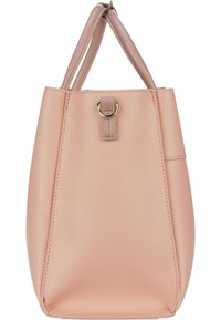 Borsa tote in pelle rosa con superficie testurizzata, forma affusolata, manici superiori e dettaglio ad anello dorato sul fronte.