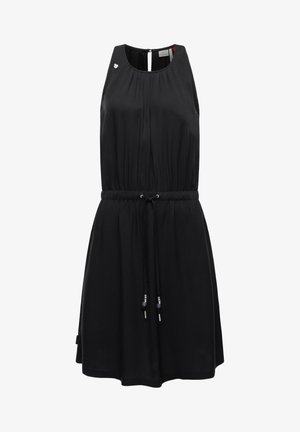 Schwarzes ärmelloses Kleid mit tailliertem Bund, elastischem Gather und Kordelzug mit Perlen. Verfügt über einen runden Ausschnitt und einen Schlüsselaugenverschluss auf der Rückseite.