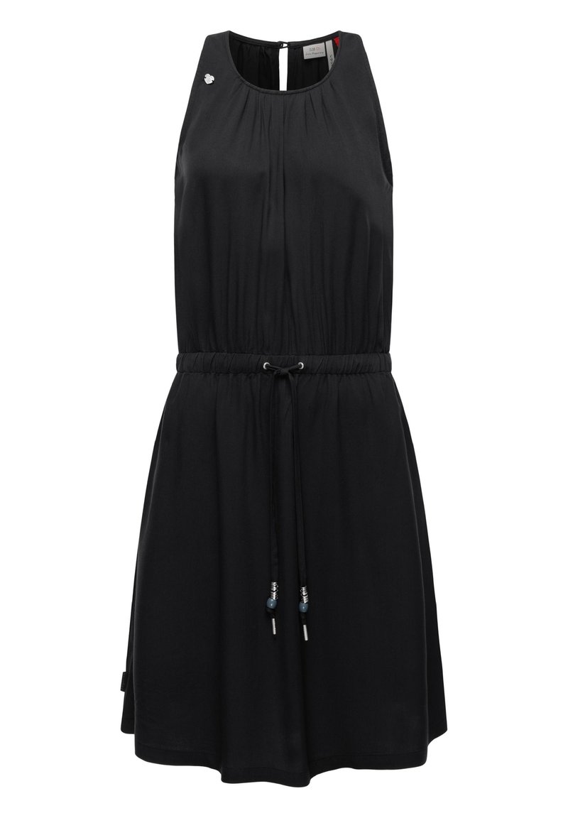 Schwarzes ärmelloses Kleid mit tailliertem Bund, elastischem Gather und Kordelzug mit Perlen. Verfügt über einen runden Ausschnitt und einen Schlüsselaugenverschluss auf der Rückseite.