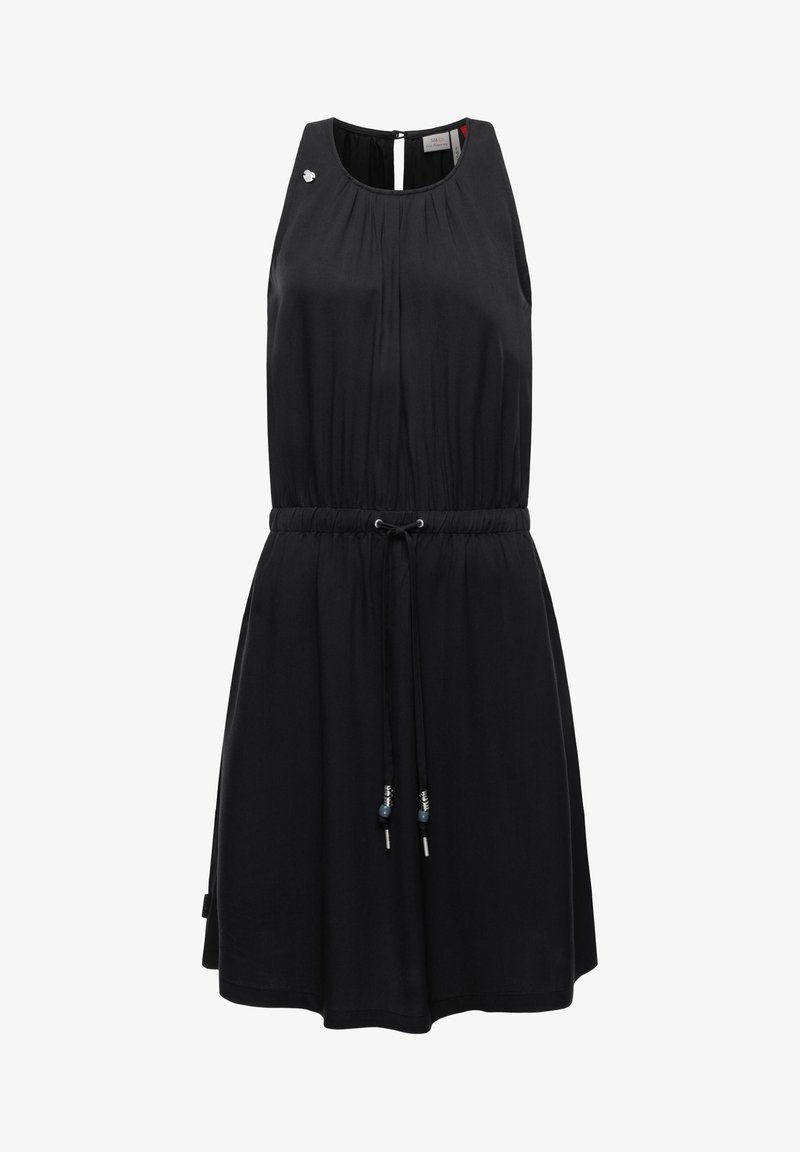 Schwarzes ärmelloses Kleid mit tailliertem Bund, elastischem Gather und Kordelzug mit Perlen. Verfügt über einen runden Ausschnitt und einen Schlüsselaugenverschluss auf der Rückseite.