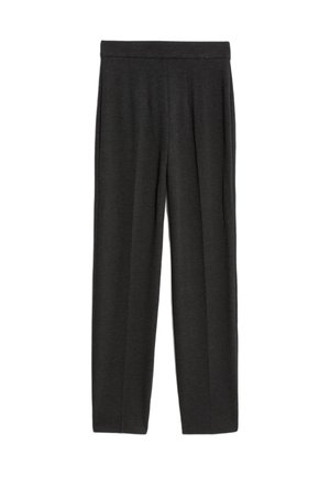 Grå bukser med vide ben lavet af en glat stof. Har en flad linning og lodrette folder ned foran på hvert ben.