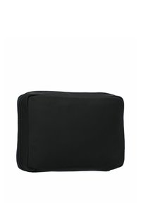Funda negra con cremallera hecha de un material suave y duradero; forma rectangular con esquinas redondeadas; diseño minimalista.