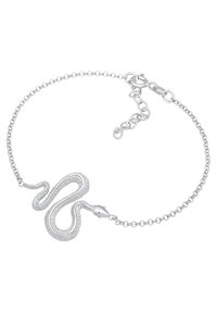 Silvrig ormarmband med texturerad design; har en spiralformad orm och en enkel kedja med justerbar låsning för storleksvariation.