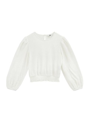 Blouse blanche courte à manches longues avec encolure ronde, manches bouffantes, texture côtelée et taille élastique.