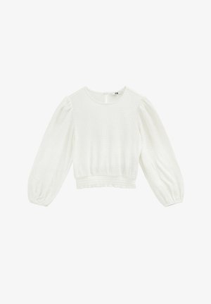 Blouse blanche courte à manches longues avec encolure ronde, manches bouffantes, texture côtelée et taille élastique.