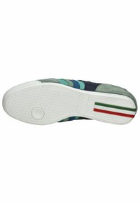 Multicolor sneaker with a rubber sole. Upper features blue, green, and navy suede panels. White midsole with textured grip and Italian flag accent.