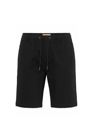 Black cotton shorts with an elastic waistband and drawstring. Features a simple design and straight cut, suitable for casual wear.