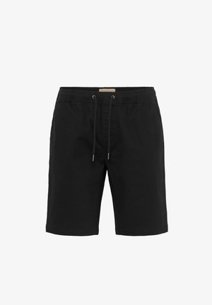 Shorts en coton noir avec une taille élastique et un cordon de serrage. Présente un design simple et une coupe droite, adaptés pour un usage décontracté.