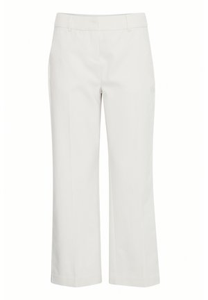 Witte op maat gemaakte broeken van een gladde stof; heeft een rechte pasvorm en een middelhoge tailleband met subtiele zijnaad.