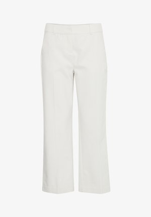 Witte op maat gemaakte broeken van een gladde stof; heeft een rechte pasvorm en een middelhoge tailleband met subtiele zijnaad.