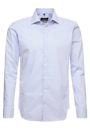 Chemise à manches longues à petits carreaux bleu clair et blanc, avec col et boutons blancs sur le devant.
