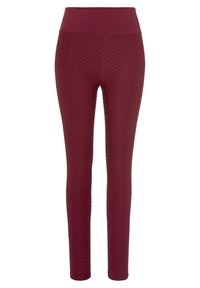 Burgunderfarbene Leggings mit einem strukturierten hexagonalen Muster, hoch geschnittenem Bund, glattem Stoff und einer engen Silhouette, die für Komfort entwickelt wurden.