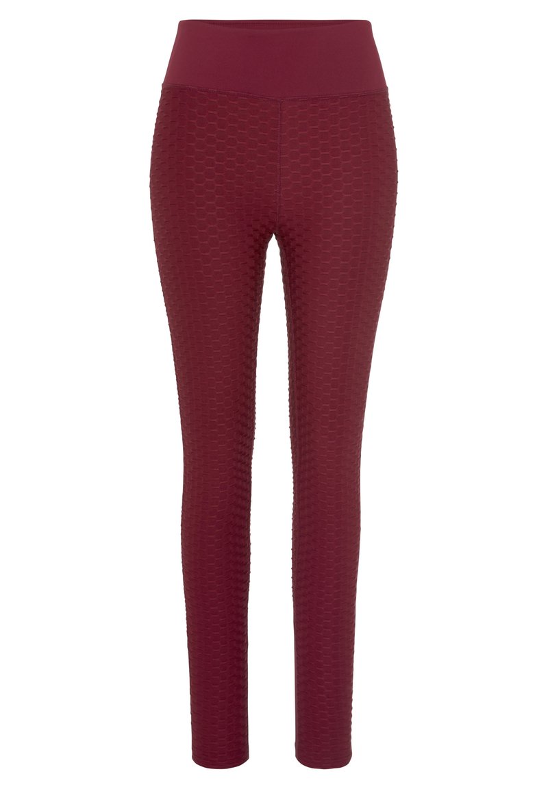 Burgunderfarbene Leggings mit einem strukturierten hexagonalen Muster, hoch geschnittenem Bund, glattem Stoff und einer engen Silhouette, die für Komfort entwickelt wurden.