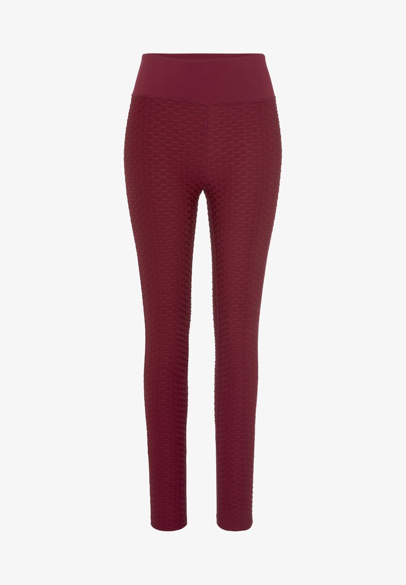 Burgunderfarbene Leggings mit einem strukturierten hexagonalen Muster, hoch geschnittenem Bund, glattem Stoff und einer engen Silhouette, die für Komfort entwickelt wurden.